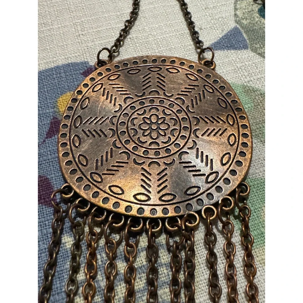 Boho Antiqued Copper Medallion Fringe Statement Necklace Geometric Tribal Drop